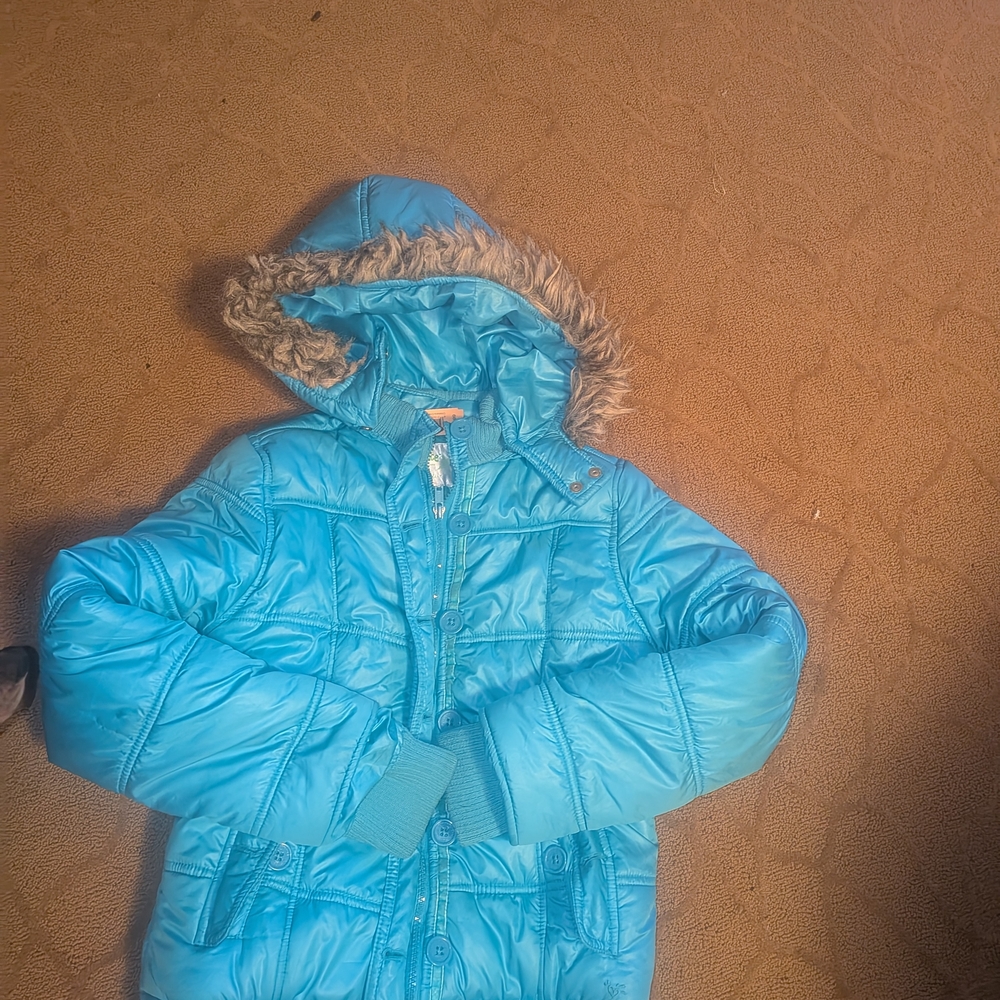 Justice Blue Puffer Jacket COAT with Faux Fur Hood GIRLS 16 $78 GREAT SHAPE